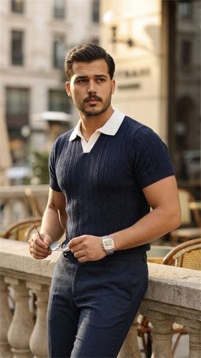 Erkek Desenli Kısa Kollu Triko Tişört - %100 Pamuk Akrilik