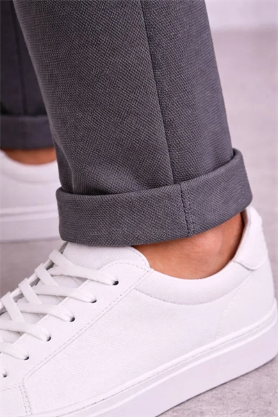 Erkek Diagonel Mikro Dokulu Duble Paça Cepli Pantolon Bağcıklı Bel, Modern Kesim - Füme