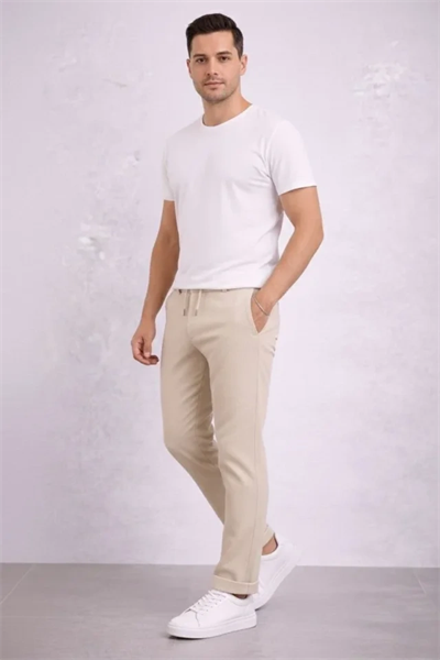 Erkek Diagonel Mikro Dokulu Duble Paça Cepli Pantolon Bağcıklı Bel, Modern Kesim - Krem