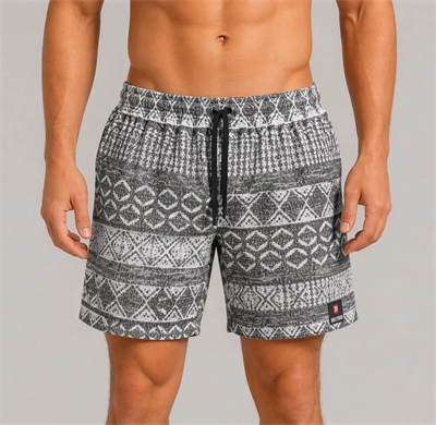 Erkek Dokuma Etnik Desenli Şort Lastikli Bel Bağcıklı Cepli Yazlık Rahat - Gri