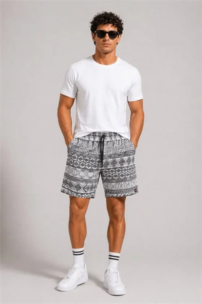 Erkek Dokuma Etnik Desenli Şort Lastikli Bel Bağcıklı Cepli Yazlık Rahat - Gri