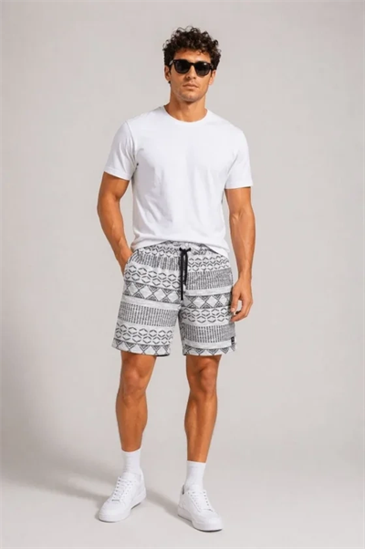 Erkek Dokuma Etnik Desenli Şort Lastikli Bel Bağcıklı Cepli Yazlık Rahat - Gri