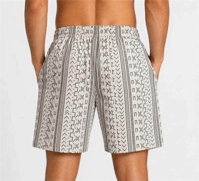 Erkek Dokuma Şort Etnik Desenli Lastikli Bağcıklı Bel Cepli Yazlık Rahat - Bej