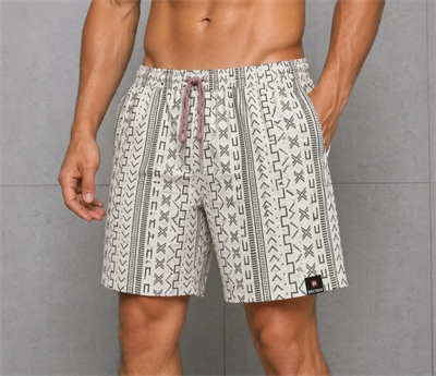 Erkek Dokuma Şort Etnik Desenli Lastikli Bağcıklı Bel Cepli Yazlık Rahat - Bej