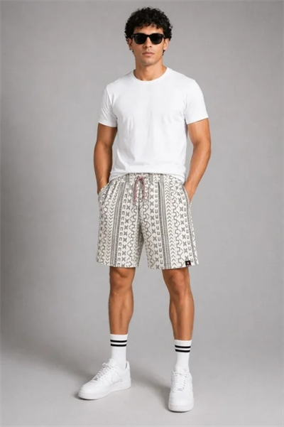 Erkek Dokuma Şort Etnik Desenli Lastikli Bağcıklı Bel Cepli Yazlık Rahat - Bej