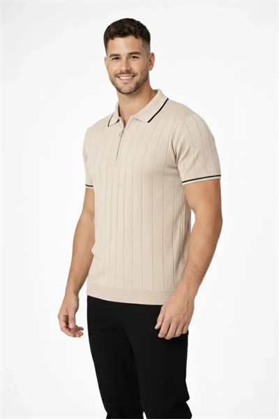 Erkek Dokuma Triko Tişört Fermuar Yakalı Yazlık Kısa Kol T-Shirt 2’li Set Bej-Beyaz