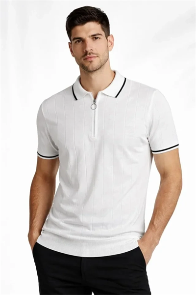 Erkek Dokuma Triko Tişört Fermuar Yakalı Yazlık Kısa Kol T-Shirt 2’li Set Bej-Beyaz