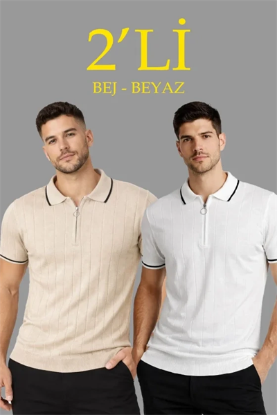 Erkek Dokuma Triko Tişört Fermuar Yakalı Yazlık Kısa Kol T-Shirt 2’li Set Bej-Beyaz