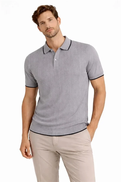 Erkek Düğmeli Yaka Triko Dokuma Tişört Desenli Yazlık Şık Günlük Triko Tişört - Gri