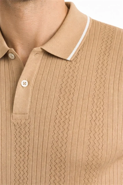 Erkek Düğmeli Yaka Triko Dokuma Tişört Desenli Yazlık Şık Günlük Triko Tişört - Kahverengi