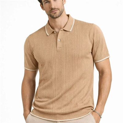 Erkek Düğmeli Yaka Triko Dokuma Tişört Desenli Yazlık Şık Günlük Triko Tişört - Kahverengi