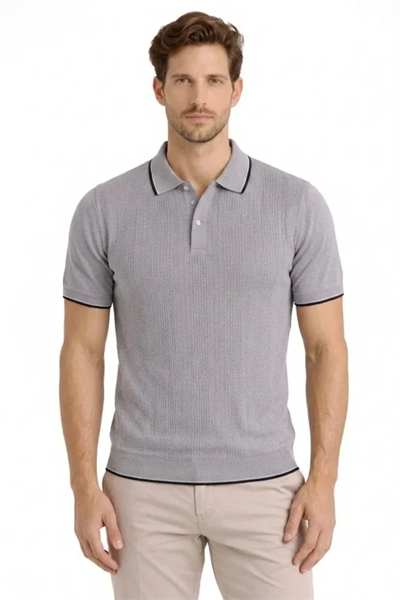 Erkek Düğmeli Yaka Triko Dokuma Tişört Desenli Yazlık Şık Günlük Triko Tişört - Gri