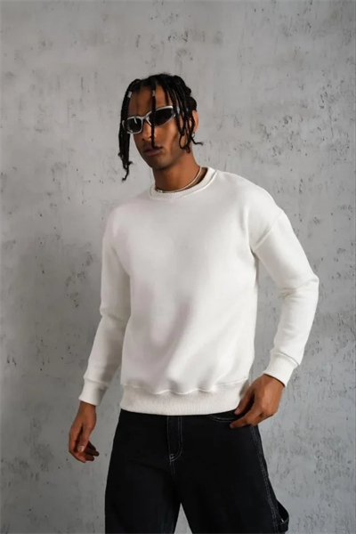Erkek Düz Bisiklet Yaka Sweat - Beyaz