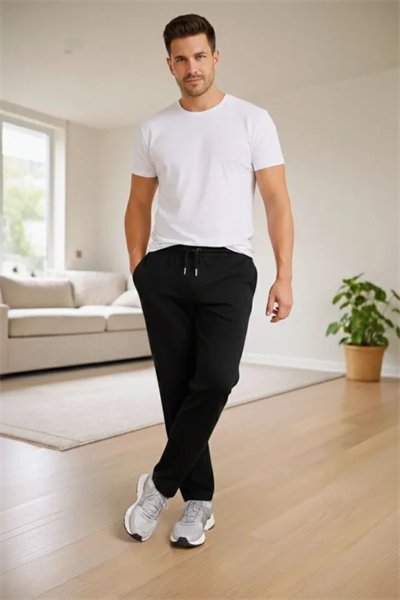 Erkek Düz Paça Beli Lastikli İpli Günlük Spor Eşofman Altı Rahat Fit - Siyah