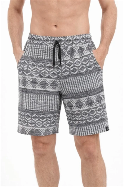 Erkek Etnik Desenli Dokuma Şort Lastikli Bel Bağcıklı Cepli Yazlık - Gri