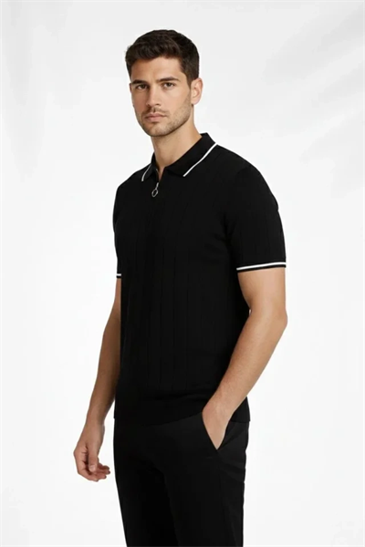 Erkek Fermuarlı Yaka Fitilli Triko Kısa Kollu Regular Fit Tişört T-shirt - Siyah