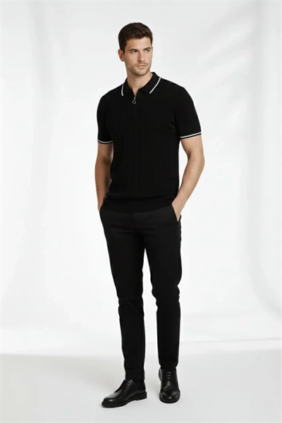 Erkek Fermuarlı Yaka Fitilli Triko Kısa Kollu Regular Fit Tişört T-shirt - Siyah