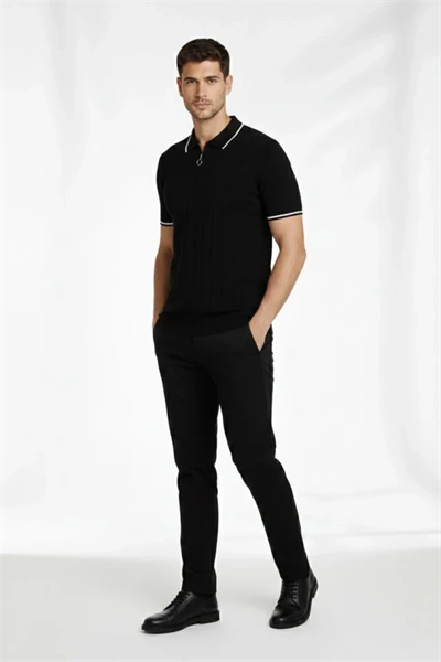 Erkek Fermuarlı Yaka Fitilli Triko Kısa Kollu Regular Fit Tişört T-shirt - Siyah