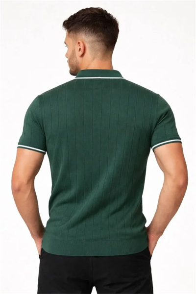 Erkek Fermuarlı Yaka Fitilli Triko Kısa Kollu Regular Fit Tişört T-shirt - Yeşil