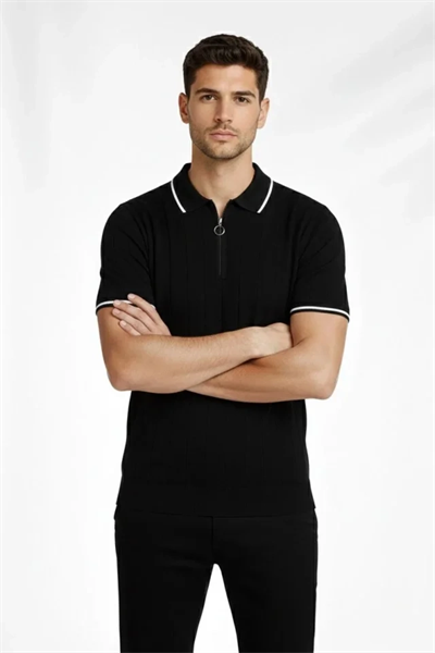 Erkek Fermuarlı Yaka Fitilli Triko Kısa Kollu Regular Fit Tişört T-shirt - Siyah