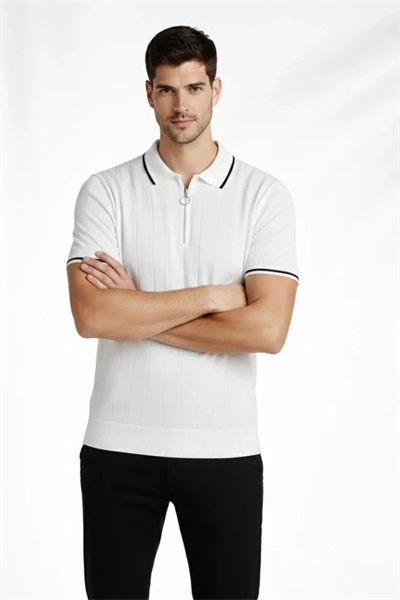 Erkek Fermuarlı Yaka Fitilli Triko Kısa Kollu Regular Fit Tişört T-shirt - Beyaz