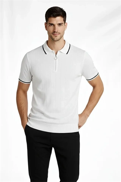 Erkek Fermuarlı Yaka Fitilli Triko Kısa Kollu Regular Fit Tişört T-shirt - Beyaz