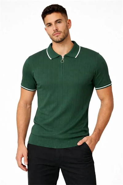 Erkek Fermuarlı Yaka Fitilli Triko Kısa Kollu Regular Fit Tişört T-shirt - Yeşil