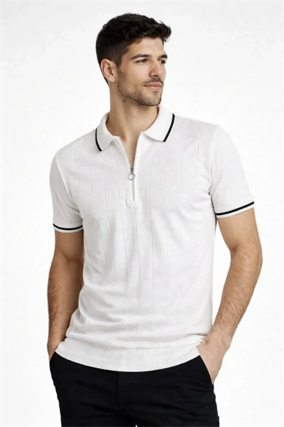 Erkek Fermuarlı Yaka Fitilli Triko Kısa Kollu Regular Fit Tişört T-shirt - Beyaz