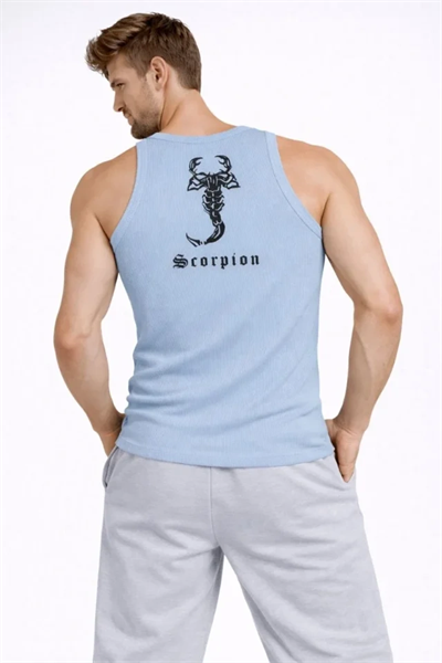 Erkek Fitilli Atlet Sıfır Yaka Slim Fit Arka Baskılı Spor Atlet - Bebe Mavisi