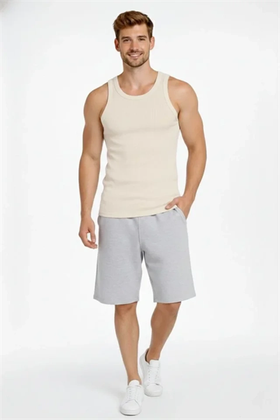 Erkek Fitilli Atlet Sıfır Yaka Slim Fit Arka Baskılı Spor Atlet - Krem