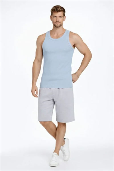 Erkek Fitilli Atlet Sıfır Yaka Slim Fit Arka Baskılı Spor Atlet - Bebe Mavisi