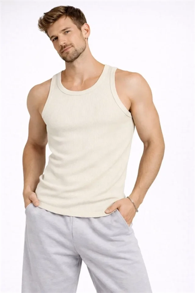 Erkek Fitilli Atlet Sıfır Yaka Slim Fit Arka Baskılı Spor Atlet - Krem