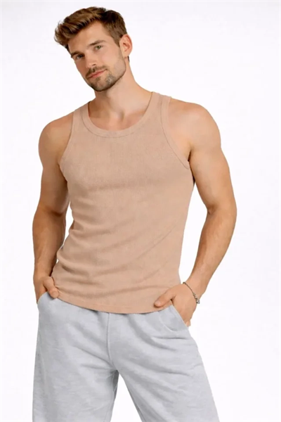 Erkek Fitilli Atlet Sıfır Yaka Slim Fit Arka Baskılı Spor Atlet - Bej