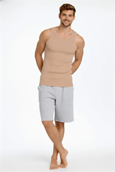 Erkek Fitilli Atlet Sıfır Yaka Slim Fit Arka Baskılı Spor Atlet - Bej