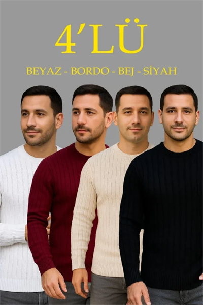 Erkek Fitilli Triko Bisiklet Yaka Kalın Kazak 4lü Set Beyaz-Bebek Mavisi-Gri-Siyah