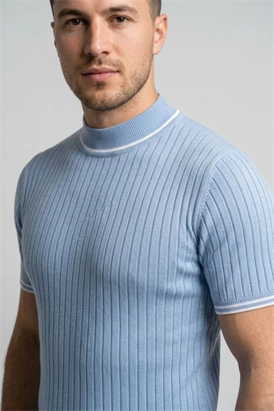 Erkek Fitilli Triko Dokuma Kısa Kol Tişört Yarım Boğaz Modern Yazlık T-Shirt - Bebe Mavisi