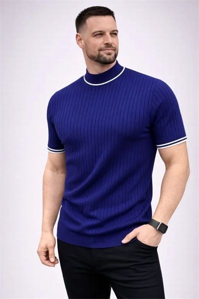 Erkek Fitilli Triko Dokuma Kısa Kol Tişört Yarım Boğaz Modern Yazlık T-Shirt - Lacivert