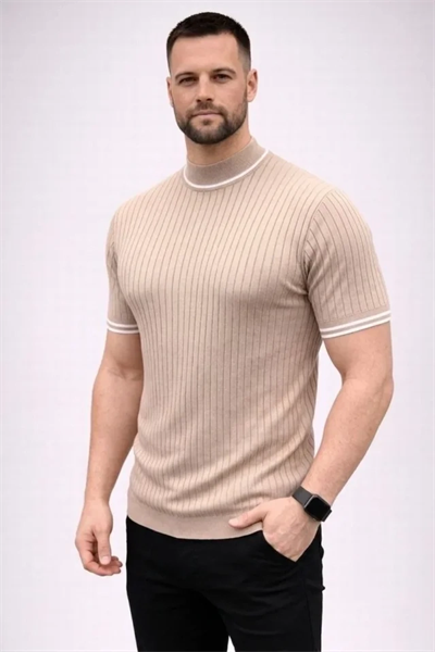 Erkek Fitilli Triko Dokuma Kısa Kol Tişört Yarım Boğaz Modern Yazlık T-Shirt - Bej