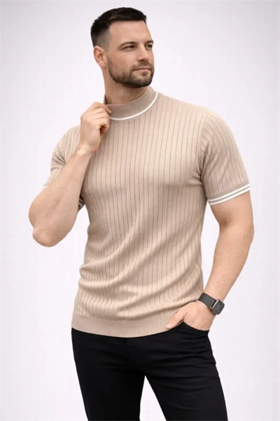 Erkek Fitilli Triko Dokuma Kısa Kol Tişört Yarım Boğaz Modern Yazlık T-Shirt - Bej