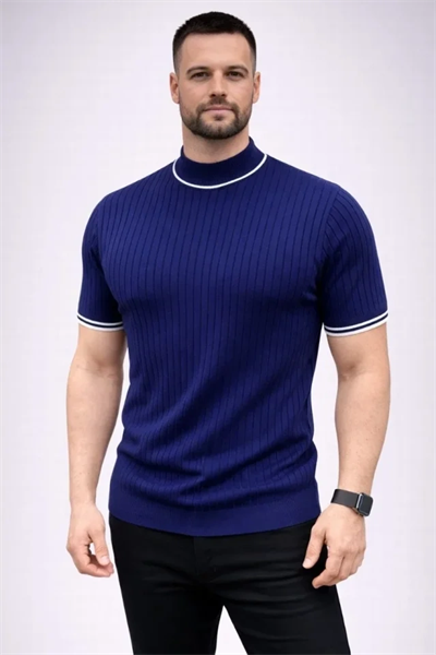 Erkek Fitilli Triko Dokuma Kısa Kol Tişört Yarım Boğaz Modern Yazlık T-Shirt - Lacivert