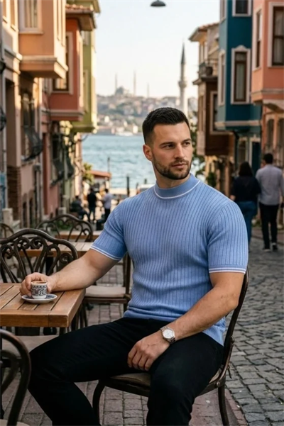 Erkek Fitilli Triko Dokuma Kısa Kol Tişört Yarım Boğaz Modern Yazlık T-Shirt - Bebe Mavisi