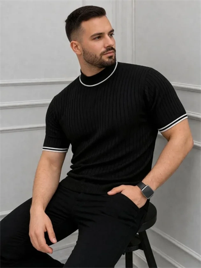 Erkek Fitilli Triko Dokuma Kısa Kol Tişört Yarım Boğaz Modern Yazlık T-Shirt - Siyah