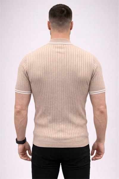 Erkek Fitilli Triko Dokuma Kısa Kol Tişört Yarım Boğaz Modern Yazlık T-Shirt - Bej