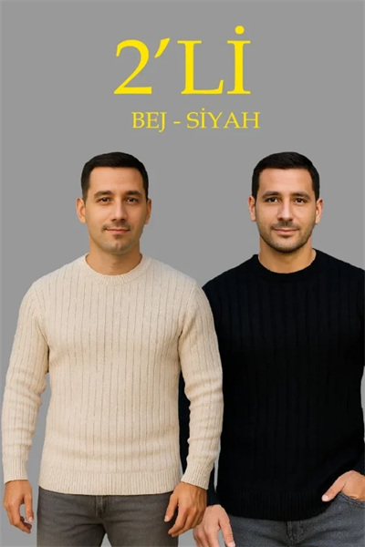 Erkek Fitilli Triko Kazak 2’li Set Bej Beyaz Kalın Dokuma Pamuklu Regular Fit Bisiklet