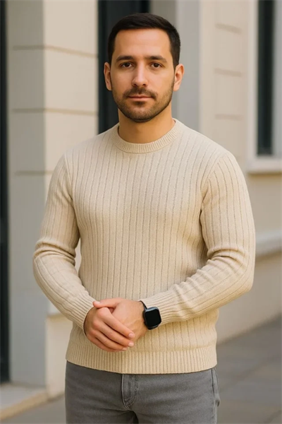 Erkek Fitilli Triko Kazak 2’li Set Bej Beyaz Kalın Dokuma Pamuklu Regular Fit Bisiklet