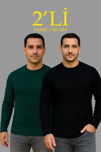 Erkek Fitilli Triko Kazak 2’li Set Siyah Haki Kalın Dokuma Pamuklu Regular Fit Bisiklet