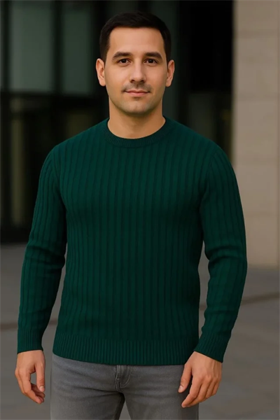 Erkek Fitilli Triko Kazak 2’li Set Siyah Haki Kalın Dokuma Pamuklu Regular Fit Bisiklet