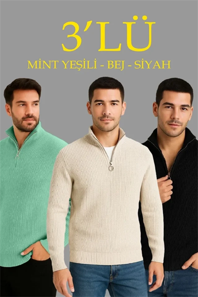 Erkek Fitilli Triko Kazak 3’lü Set – Mint Yeşili, Siyah, Bej Kalın Dokuma Pamuklu Regular Fit V Yaka Fermuarlı Uzun Kollu Rahat Kışlık Kazak Kombini