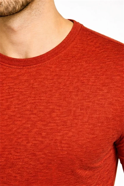 Erkek Flam Kumaş Melanj Dokulu Regular Fit Tişört Bisiklet Yaka Yazlık T-Shirt - Kiremit