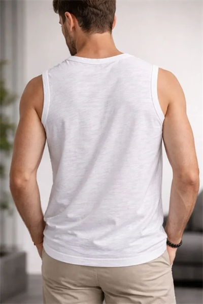 Erkek Flamlı Kumaş Sıfır Kolsuz Atlet Basic Spor Üst, Günlük Ve Fitness Kullanımına Uygun - Beyaz